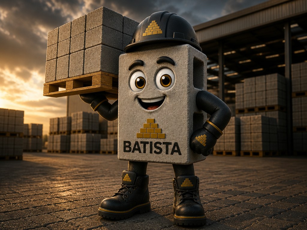 Mascote Batista carregando pallet de blocos de concreto